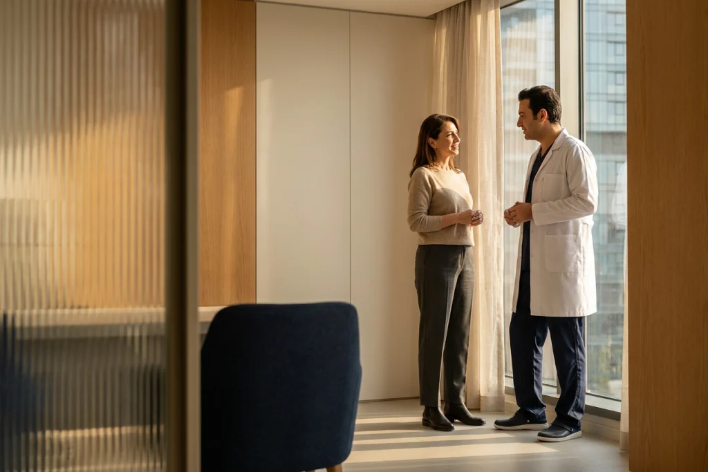 A doctor and adult patient discuss hip contour concerns while standing by a large window with a blurred city view.