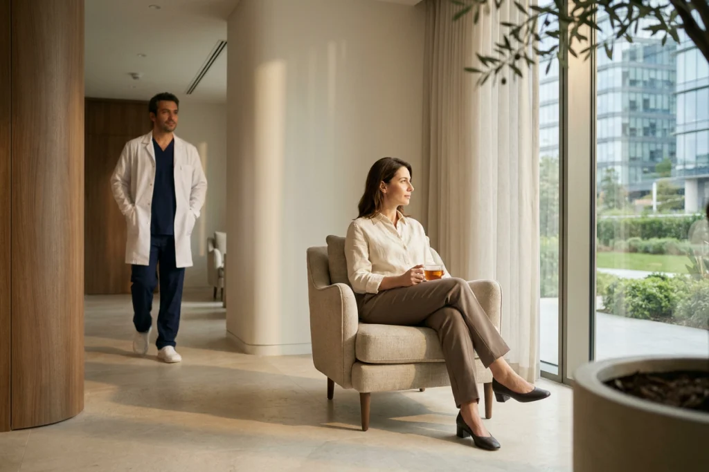 Woman sitting alone by a waiting-room window during a private consultation about combined breast and abdominal surgery.