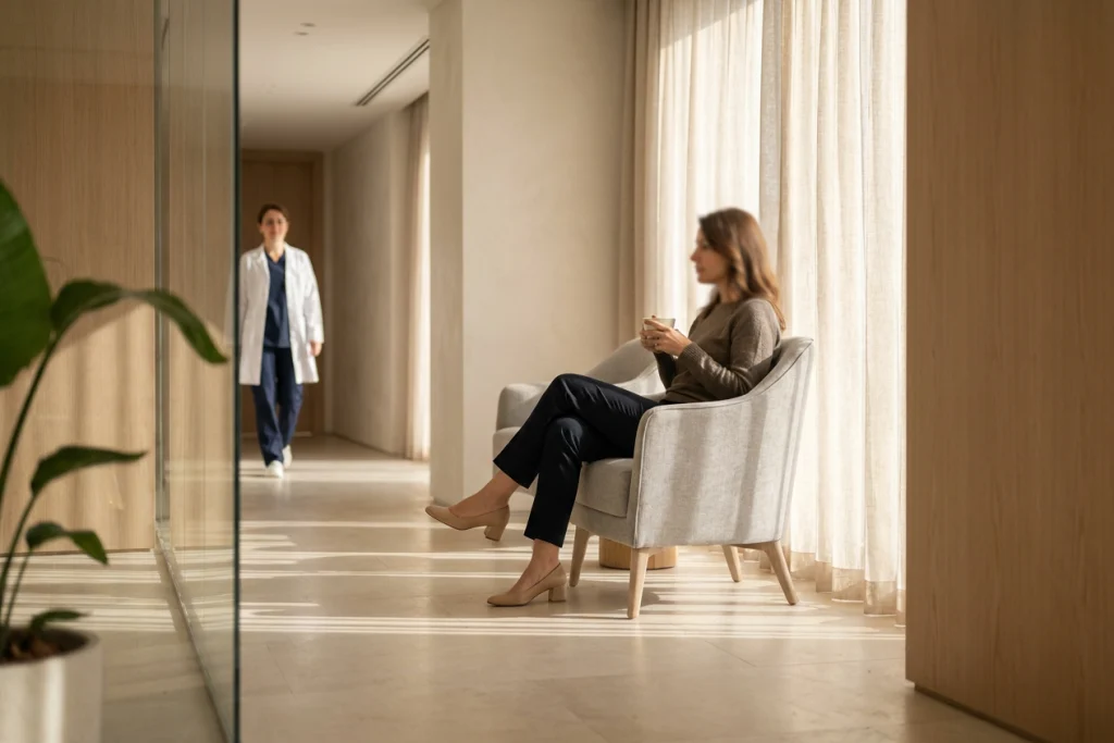 Woman waits by a window in a calm clinic reception area while considering options for uneven breasts.
