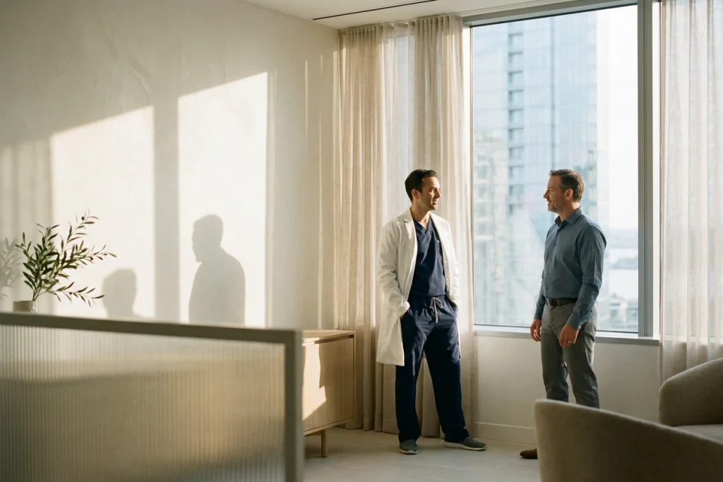 A clinician and adult patient discuss facial contour concerns by a window, reflecting an individual buccal fat assessment.