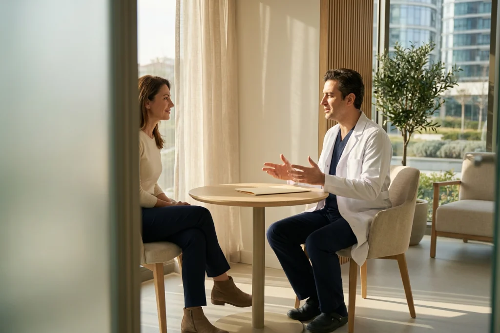 Doctor and woman discuss post-breastfeeding breast concerns across a nearly bare clinic desk.