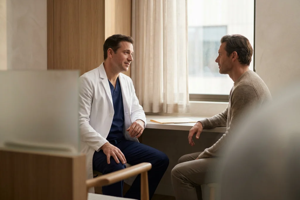 A doctor listens to an adult patient describing a crooked nose during a face-to-face consultation.