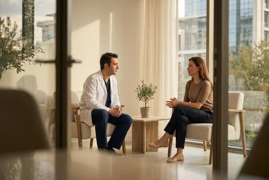 Doctor and woman discuss accessory breast tissue options in a calm clinic lounge by a window.