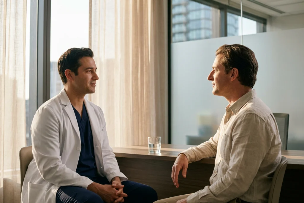 A doctor listens to an adult patient describing one-sided nasal blockage during a face-to-face consultation.