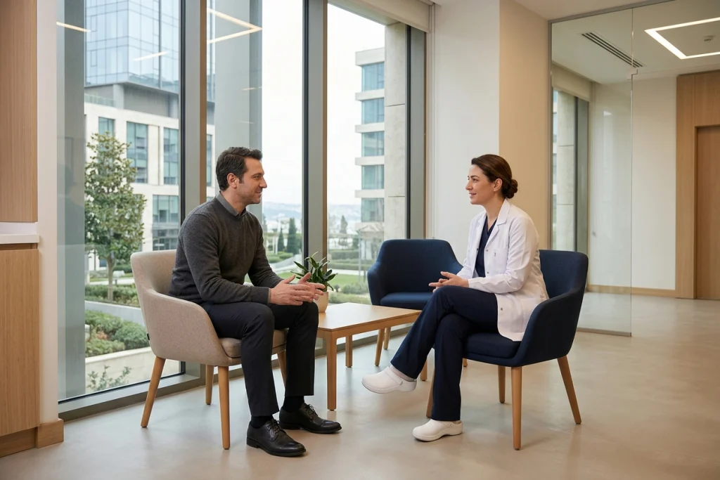 Klinik salonunda hekim ve yetişkin hasta, vücut şekillendirme seçeneklerini karşılıklı oturarak konuşuyor.